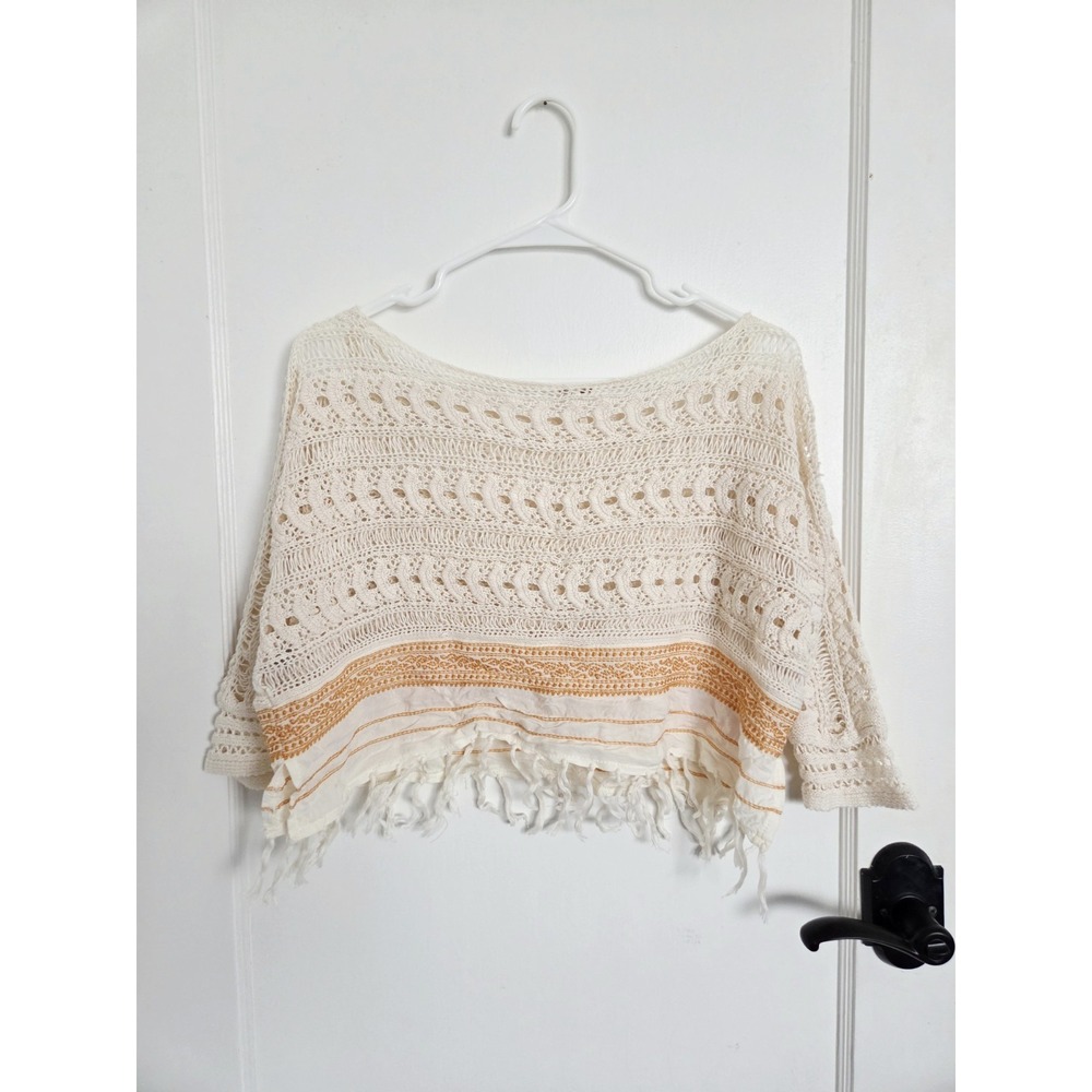 Free People Fringed Crochet Knit Sweater Top XS Cream Boho Festival Layering - Picture 4 of 14